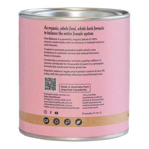 Left side view of Eden Healthfoods Fem Balance Organic Women's Herbal 150g tin, showing the product description.