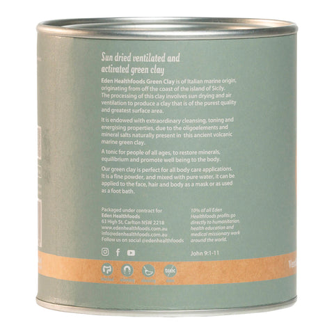 Left side view of Eden Healthfoods Green Clay 150g tin, showing the product description.