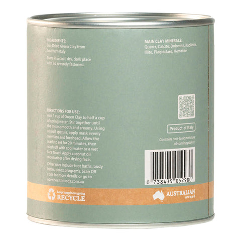 Right side view of Eden Healthfoods Green Clay 150g tin, showing the ingredients and directions for use.