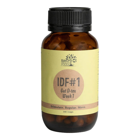 Front view of bottle of Eden Healthfoods IDF#1 Gut D-Tox Week 1, a herbal tonic designed to improve digestion, relieve gas and cramps, and increase the flow of bile, which helps cleanse the gallbladder, bile ducts, and liver.