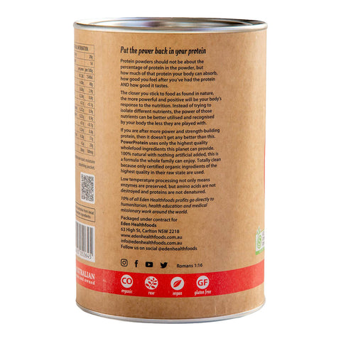 Left view of Eden Healthfoods Power Protein 400g tin, displaying the ingredients list, which includes a blend of organic raw and vegan superfoods selected for their high protein and nutrient content.