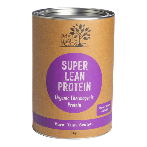 Front view of Eden Healthfoods Super Lean Protein - Cinnamon & Vanilla 1kg tin, designed to support weight management and muscle building. This blend of sprouted and fermented organic plant proteins, along with herbs and spices, helps you stay fuller longer and promotes a natural detox response.