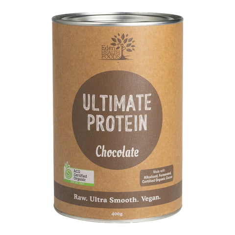 Front view of Eden Healthfoods Ultimate Protein - Chocolate 400g tin, showcasing a high-protein (80%), alkalising supplement made using a traditional bio-fermentation process.