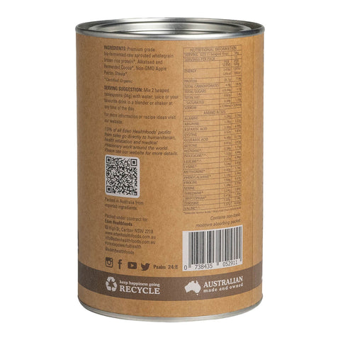 Right view of Eden Healthfoods Ultimate Protein - Chocolate 400g tin, displaying the ingredients list, serving suggestion, and nutritional information.