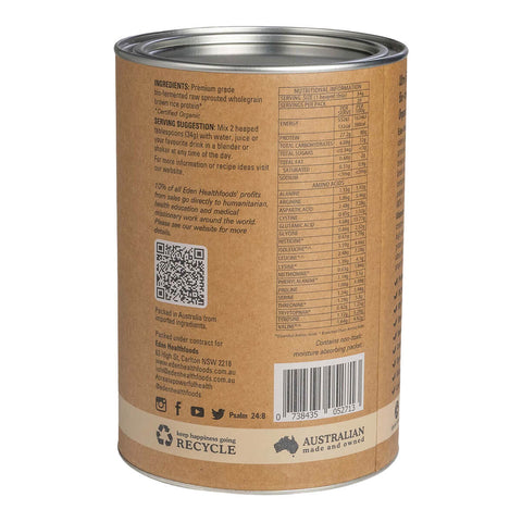 Right view of Eden Healthfoods Ultimate Protein - Natural 1kg tin, displaying the ingredients list, serving suggestion, and nutritional information.