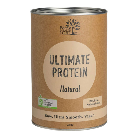 Front view of Eden Healthfoods Ultimate Protein - Natural 400g tin, showcasing a high-protein (80%), alkalising supplement made using a traditional bio-fermentation process.