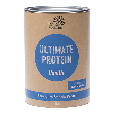 Front view of Eden Healthfoods Ultimate Protein - Vanilla 1kg tin, showcasing a high-protein (80%), alkalising supplement made using a traditional bio-fermentation process.