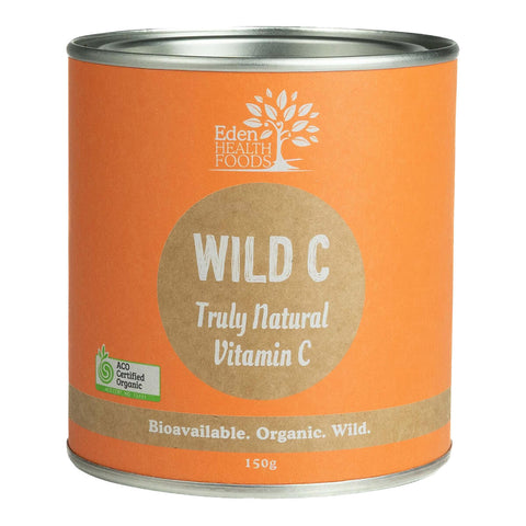 Front view of Eden Healthfoods Wild C Truly Natural Vitamin C Powder 150g tin, featuring a vitamin C-rich superfood blend organically sourced from wild berries and greens, with 100% whole food superfoods and no juice powders or carriers.