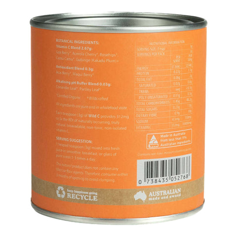 Right view of Eden Healthfoods Wild C Truly Natural Vitamin C Powder 150g tin, displaying the ingredients list, serving suggestion, and nutritional information, including details on the organic wild berries and greens used, as well as usage instructions and key nutritional facts.