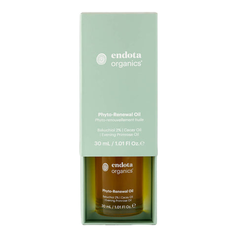 A partially open box of endota Phyto Renewal Oil, with the 30ml glass dropper bottle visible inside. The box is designed with branding and product details, and the bottle is neatly positioned within it.