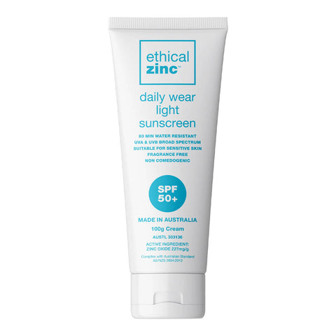 Front of tube of SPF50+ daily wear light sunscreen.