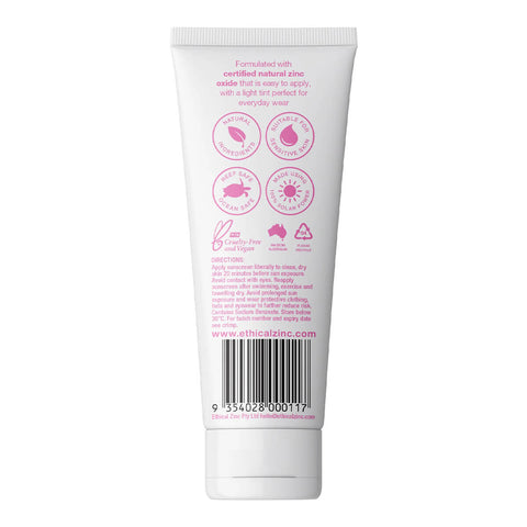 Back of the tube of light tinted sunscreen formulated with certified natural zinc oxide.