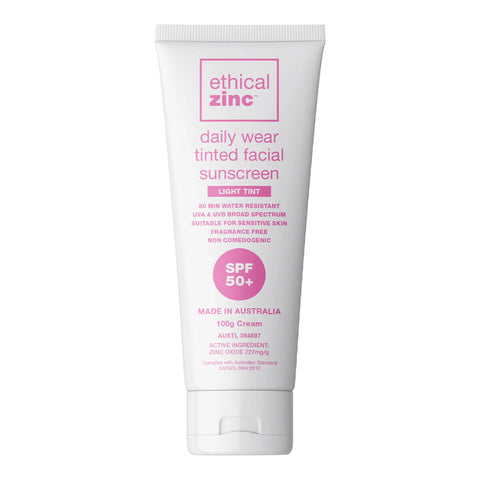 Tube of light tinted sunscreen formulated with certified natural zinc oxide.