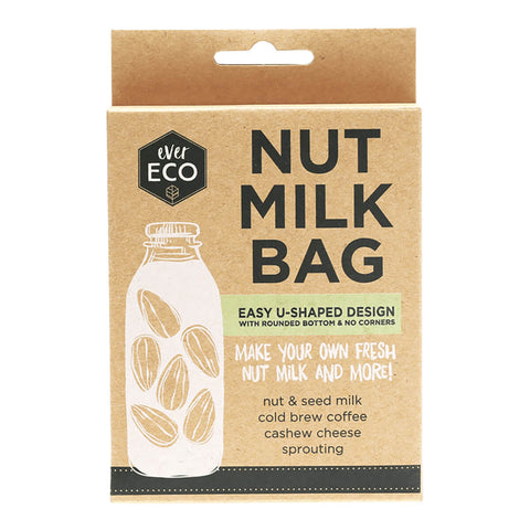 Nut milk bag with as U-shaped design packaged in a cardboard box.