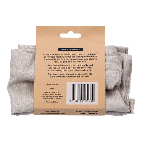 Back of reusable linen bread bag packaged with a cardboard tag.