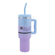 Purple and blue stainless steel insulated tumbler with a straw and handle.