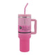 Pink stainless steel insulated tumbler with a straw and handle.