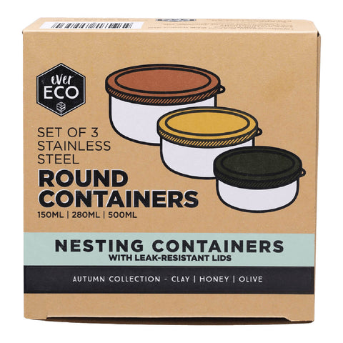 Box of 3 stainless steel round containers with earthy coloured lids.