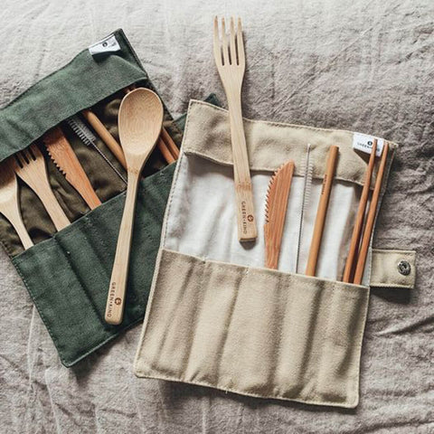 Bamboo Cutlery Roll-Up Set - Beige