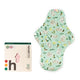 Box of hannahPAD reusable medium pad made from certified organic cotton, featuring double snap fasteners and silicone grips to prevent slippage, next to a medium pad with a koala pattern.