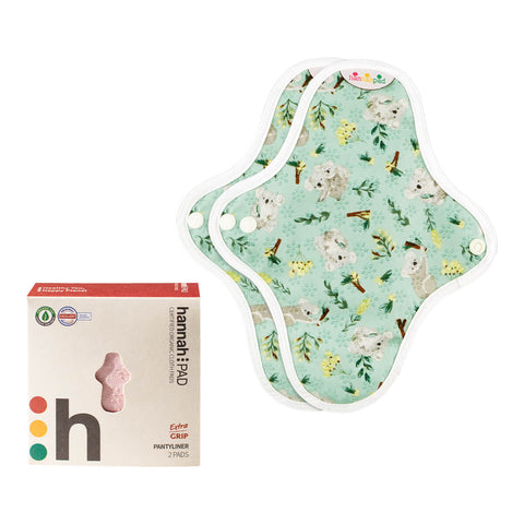 Box of 2 hannahPAD reusable pantyliners made from certified organic cotton, featuring double snap fasteners and silicone grips to prevent slippage, next to 2 pantyliners with a koala pattern.