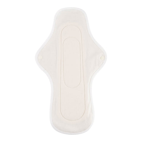 Inside view of a hannahPAD reusable large/overnight pad made from certified organic cotton, featuring a single snap fastener.