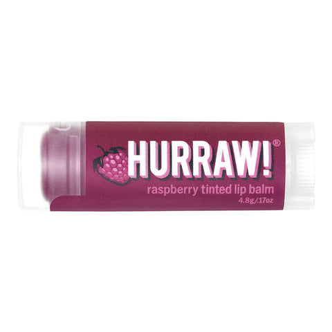 Tube of raspberry tinted organic lip balm.