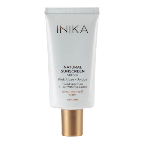 Tube of certified organic natural sunscreen with SPF50+, pink algae and jojoba.