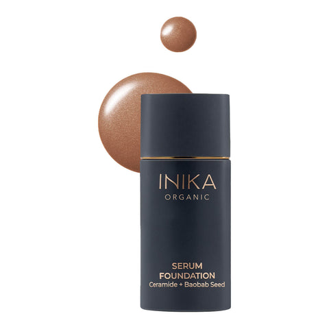 Bottle of organic serum foundation in the shade 'Spirited', suitable for deep skin with neutral undertones.