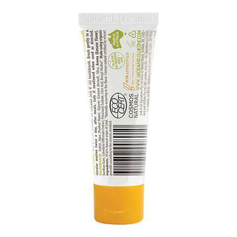 Back view of 50g tube of Jack N Jill Natural Toothpaste for kids in banana flavour, made with natural ingredients, including xylitol and calendula, which help soothe gums and fight tooth decay. The back shows the directions, ingredients, and certifications. Packaged in a white tube with a playful kids' design and a yellow lid.