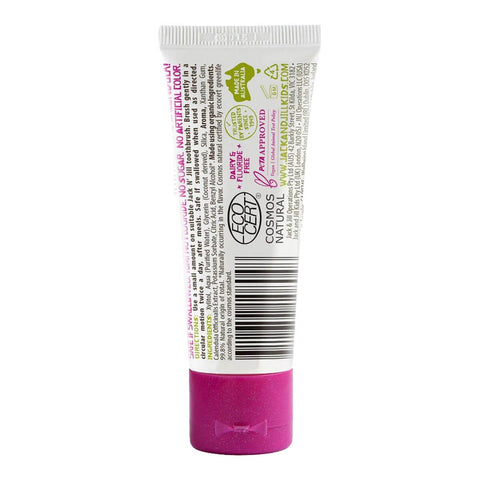 Back view of 50g tube of Jack N Jill Natural Toothpaste for kids in berries and cream flavour, made with natural ingredients, including xylitol and calendula, which help soothe gums and fight tooth decay. The back shows the directions, ingredients, and certifications. Packaged in a white tube with a playful kids' design and a pink lid.