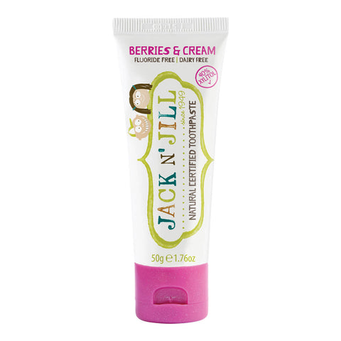 50g tube of Jack N Jill Natural Toothpaste for kids in berries and cream flavour, made with natural ingredients, including xylitol and calendula, which help soothe gums and fight tooth decay. Packaged in a white tube with a playful kids' design and a pink lid.