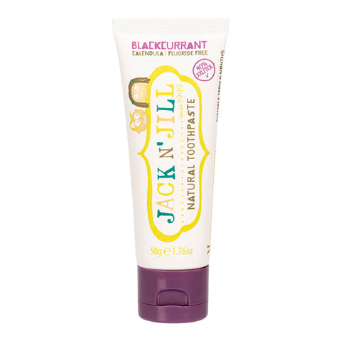 50g tube of Jack N Jill Natural Toothpaste for kids in blackcurrant flavour, made with natural ingredients, including xylitol and calendula, which help soothe gums and fight tooth decay. Packaged in a white tube with a playful kids' design and a purple lid.