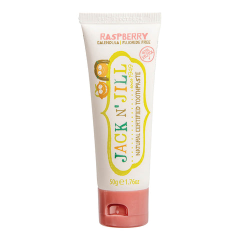 50g tube of Jack N Jill Natural Toothpaste for kids in raspberry flavour, made with natural ingredients, including xylitol and calendula, which help soothe gums and fight tooth decay. Packaged in a white tube with a playful kids' design and a light red lid.