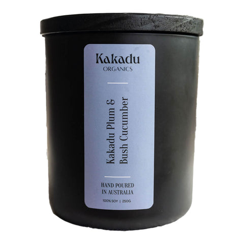 250g jar of Kakadu Organics Kakadu Plum & Bush Cucumber hand poured soy wax candle.