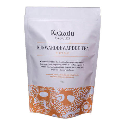 Packet of 25 tea bags of Kakadu Organics Kunwrddeewarddee Tea, an invigorating blend with soothing and calming effects.