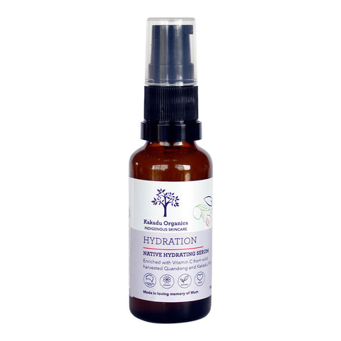 Pump bottle of Kakadu Organics Native Hydrating Serum 30ml enriched with vitamin C from wild harvested quandong and kakadu plum.