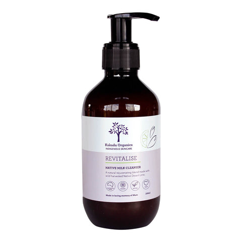 200ml pump bottle of Kakadu Organics Native Milk Cleanser, a natural rejuvenating blend made with native desert lime.