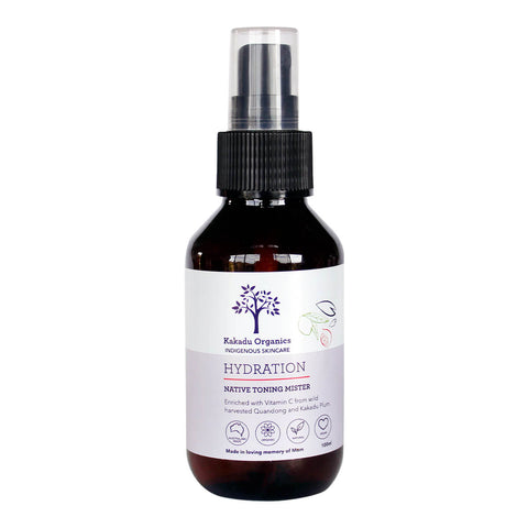 Spray bottle of Kakadu Organics Native Toning Mister 100ml, enriched with vitamin C from wild harvested quandong and kakadu plum.