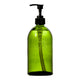 Green apothecary glass bottle with a pump dispenser.