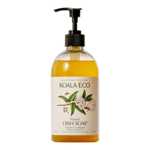 Plastic pump bottle of lemon myrtle and mandarin natural dish soap.