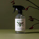 Plastic spray bottle of peppermint natural glass cleaner styled with plants on a surface.