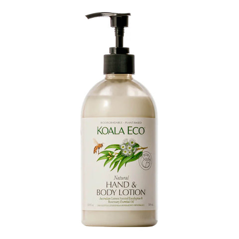 Plastic pump bottle of lemon scented eucalyptus and rosemary natural hand and body lotion.