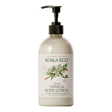 Plastic pump bottle of rosalina and peppermint natural hand and body lotion.