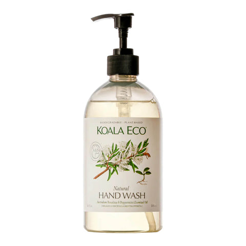 Plastic pump bottle of rosalina and peppermint natural hand wash.