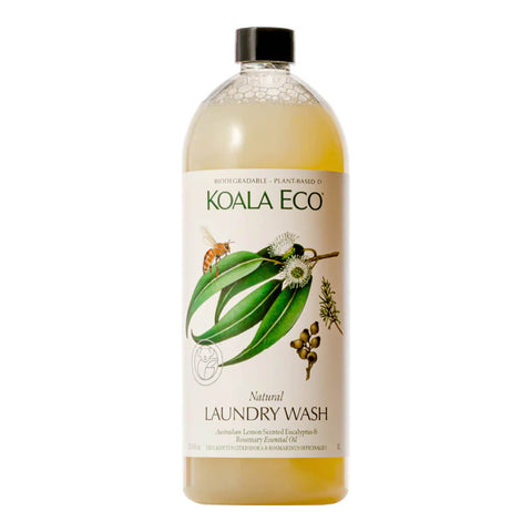 Plastic refill bottle of natural laundry wash with lemon scented eucalyptus and rosemary.