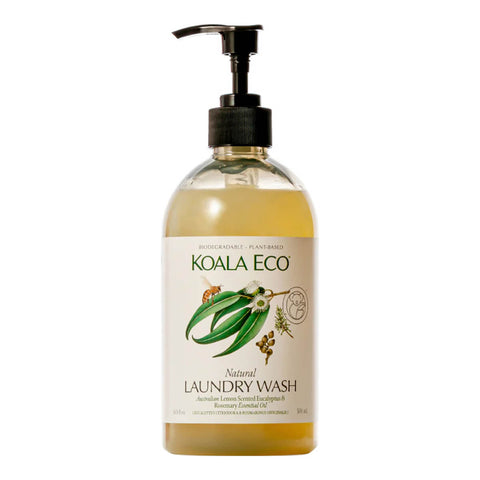 Plastic pump bottle of natural laundry wash with lemon scented eucalyptus and rosemary.