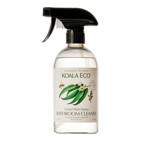 Spray bottle of natural multi-purpose bathroom cleaner with Australian eucalyptus essential oil.