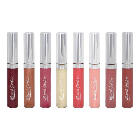 8g tubes of Kylie's Professional Mineral Goddess Creamy Lips, a lip gloss with organic oils and vitamin E that makes your lips feel plump and shiny.