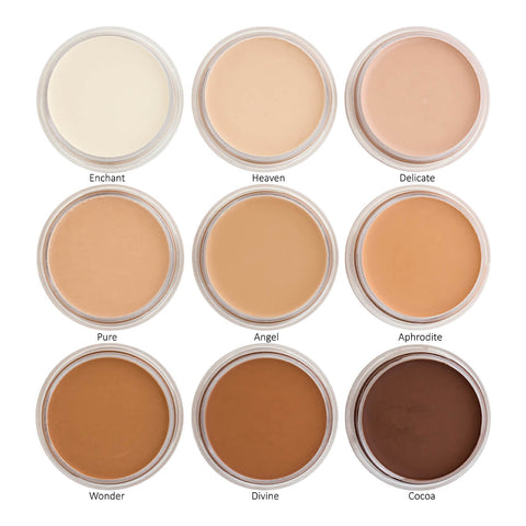 9 shades of Kylie's Professional Mineral Goddess Luxury Cream Foundation. Shades are Enchant, Heaven, Delicate, Pure, Angel, Aphrodite, Wonder, Divine, and Cocoa.